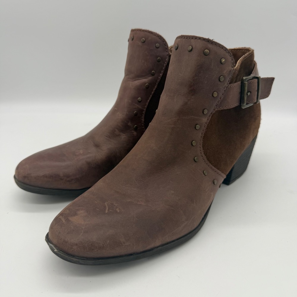 b.o.c. Z50206 Brown Leather Suede Studded Ankle Boots Block Heel Booties